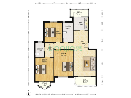 流晶逸彩 3室1厅2卫 121平方