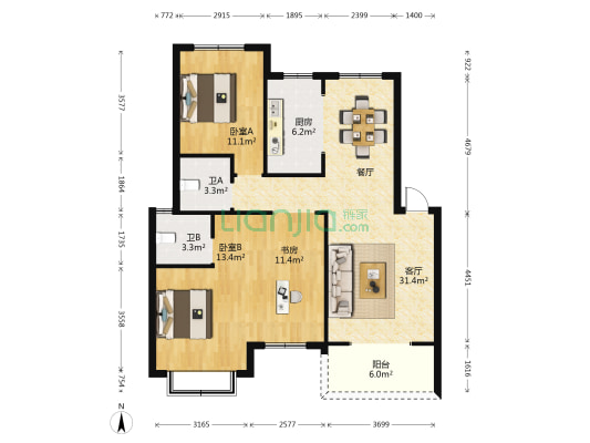 金凤煌庭 3室1厅2卫 97平方