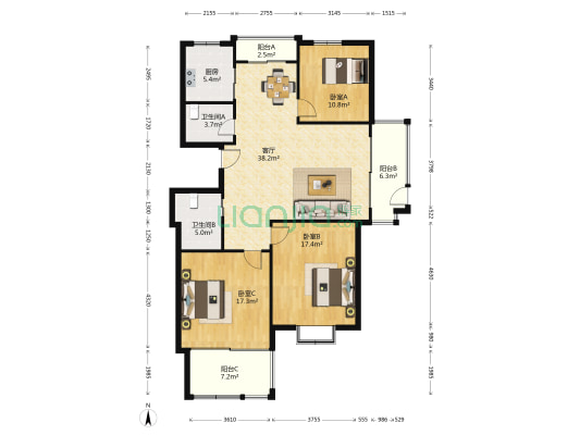 龙泽山庄 3室1厅2卫 137平方