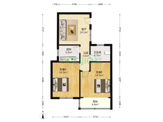 桃园南街5号院 2室1厅1卫 76平方