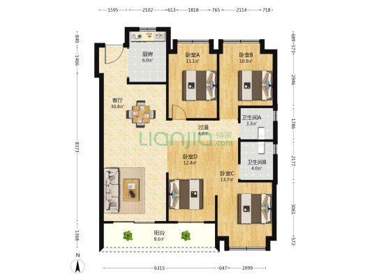 恺德信达樾景臺 4室1厅2卫 135平方
