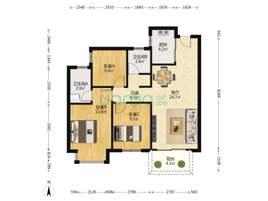 银河龙湖·江与城 3室1厅2卫 95平方