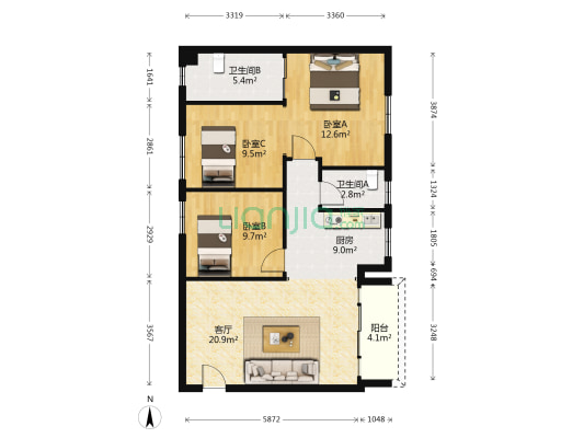 康富花园九期 3室1厅2卫 91平方