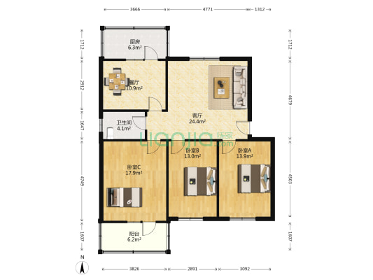 燃料3号院 3室2厅1卫 110平方