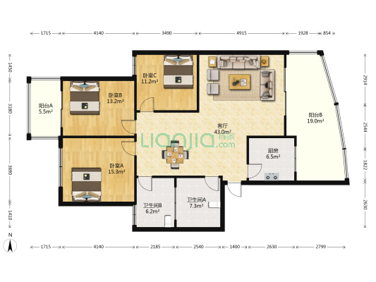 宏明大厦 3室1厅2卫 143平方