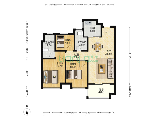 金辉悠步观澜南区 3室1厅2卫 86平方