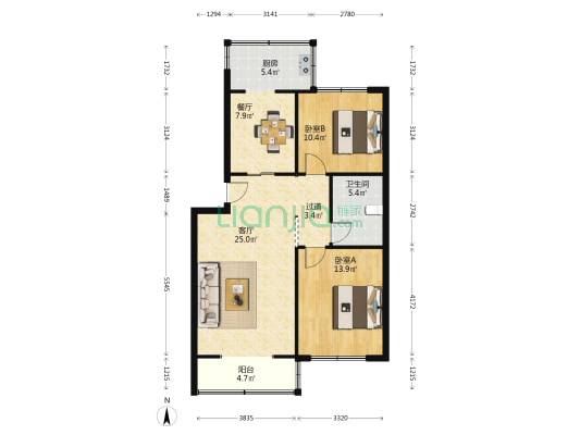 天元家园 2室2厅1卫 95平方