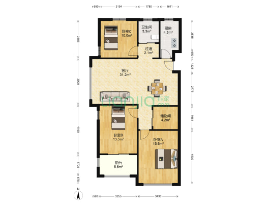 信达城 3室1厅1卫 109平方