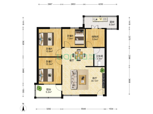 红旗街住宅 3室1厅1卫 106平方