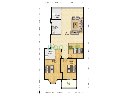 南都绿洲 3室1厅2卫 116平方
