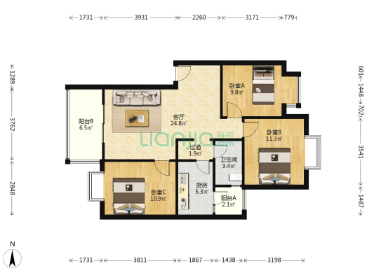 泉水人家三期B区 3室1厅1卫 90平方
