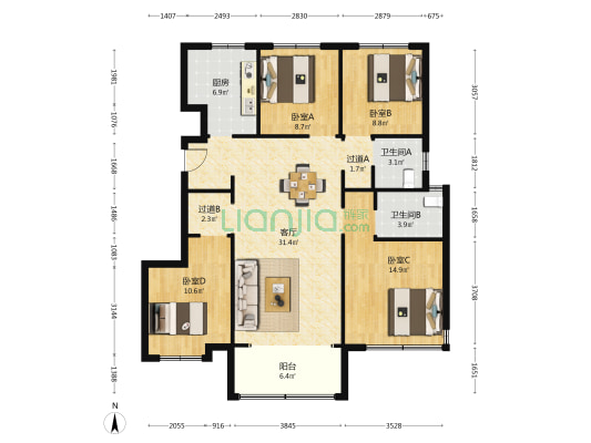 泮河壹号院 4室1厅2卫 127平方