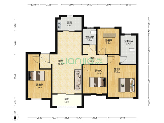 红星·天铂（铂雅名邸） 4室1厅2卫 129平方