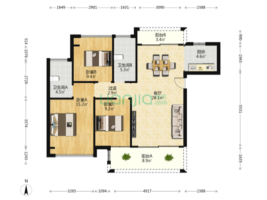 龙林上观三期 3室1厅2卫 111平方