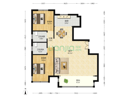 润锦天悦 2室1厅2卫 128平方