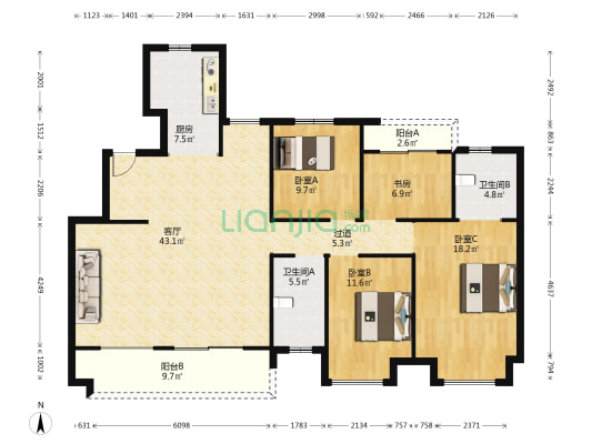 中海城A区 4室1厅2卫 143平方