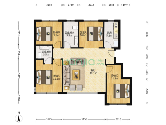 汇置山湖 4室1厅2卫 91平方