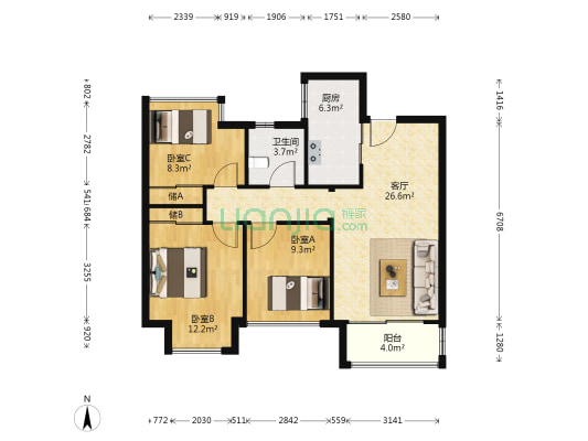 蓝光五彩华庭 3室1厅1卫 89平方