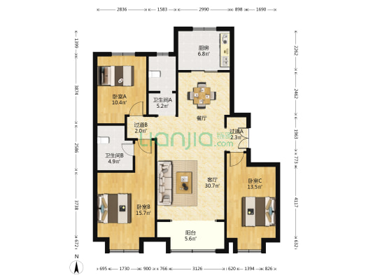 远洋万和城 3室1厅2卫 137平方