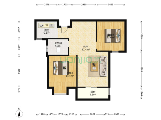 东湖瑞景 2室1厅1卫 97平方
