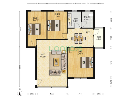 金盛花园 3室1厅1卫 124平方