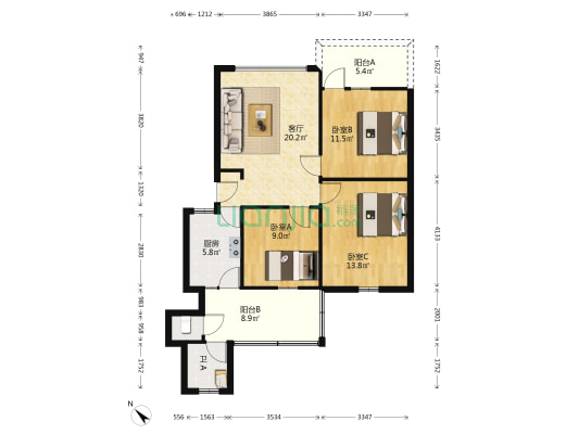 林业局宿舍大 3室1厅2卫 91平方