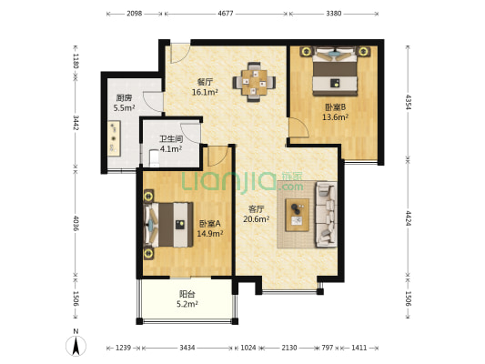 枫景观天下 2室2厅1卫 103平方