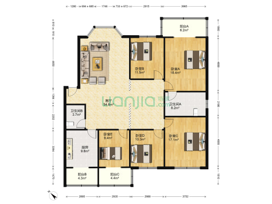 国龙花园 5室1厅2卫 187平方