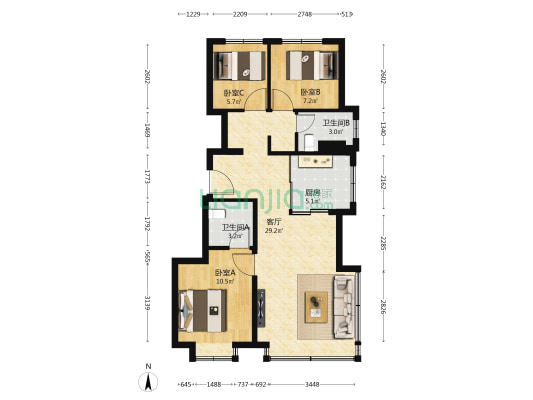 公园和御 3室1厅2卫 88平方
