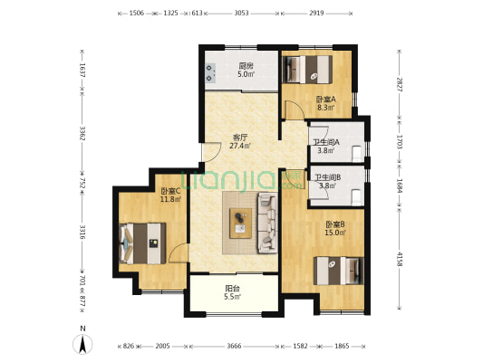 金茂悦西三区 3室1厅2卫 115平方
