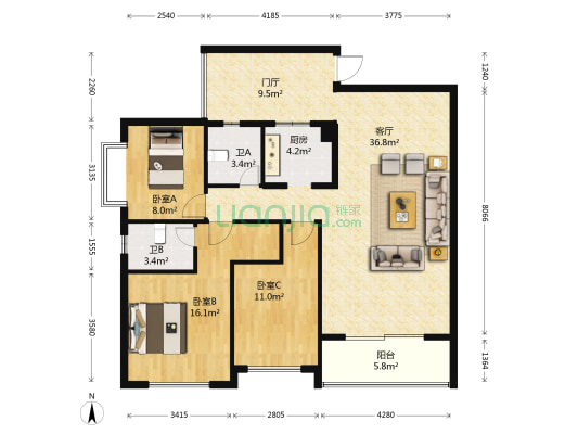 果香苑南苑 3室1厅2卫 126平方