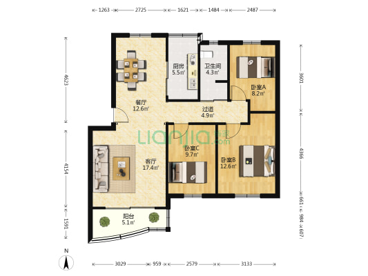 锦滨苑 3室2厅1卫 96平方