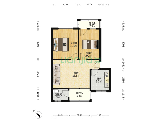 中铁二气化五段家属院 2室1厅1卫 67平方