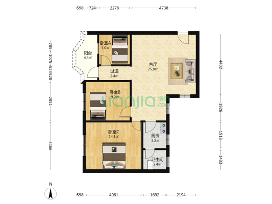 金源路市场综合楼 3室1厅1卫 76平方