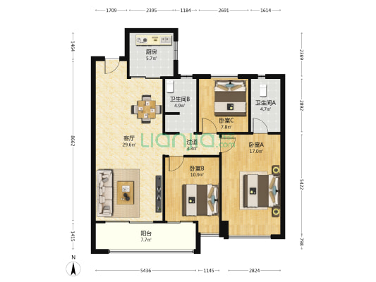 国宸府 3室1厅2卫 105平方