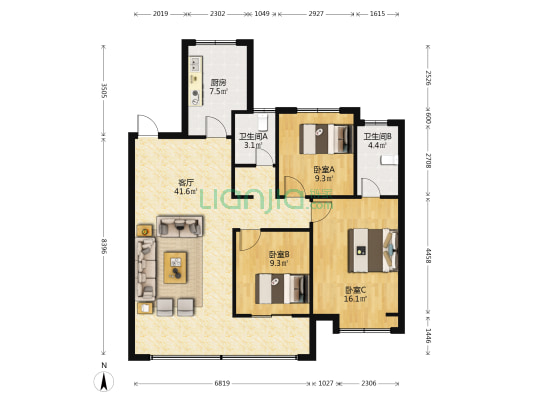 万科·中山都会 3室1厅2卫 126平方
