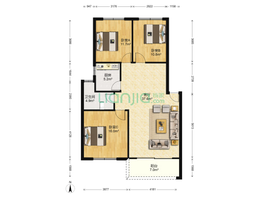 中石化北海石油分公司贵州路宿舍 3室1厅1卫 103平方