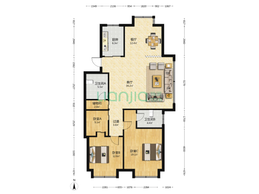 嘉安慧园小区 3室2厅2卫 135平方