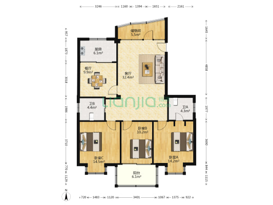 阳光公寓(北仑区) 3室2厅2卫 146平方