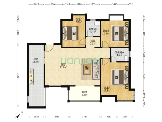云湖西城 3室1厅2卫 125平方