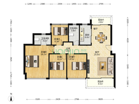 恒裕江山汇花园 4室1厅2卫 110平方