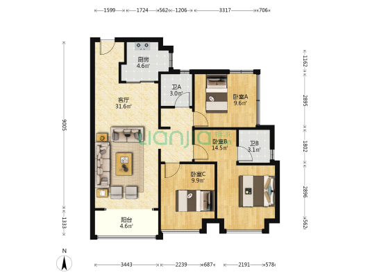 五矿壹云台 3室1厅2卫 102平方
