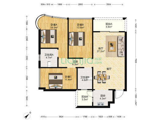 领誉嘉园 3室1厅2卫 114平方