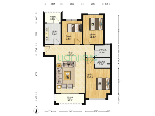 中浩鸿鹄郡 3室1厅2卫 116平方