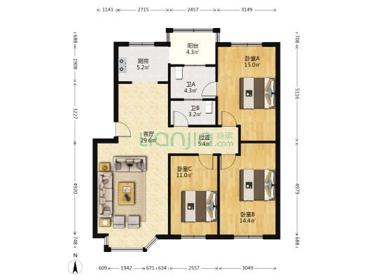 长福苑 3室1厅2卫 110平方