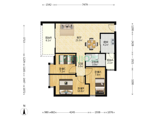 长江数码花园(南沙) 3室1厅1卫 78平方