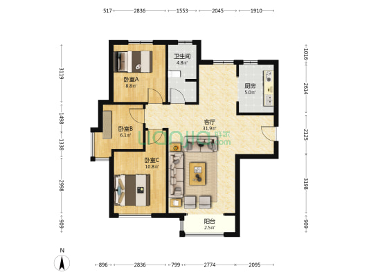 金玉六园 3室1厅1卫 103平方