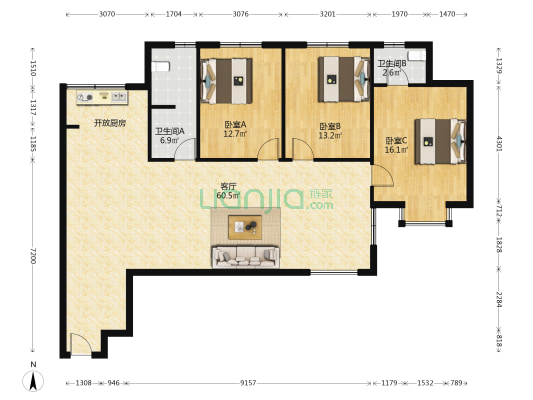 虹欣佳苑 3室1厅2卫 146平方