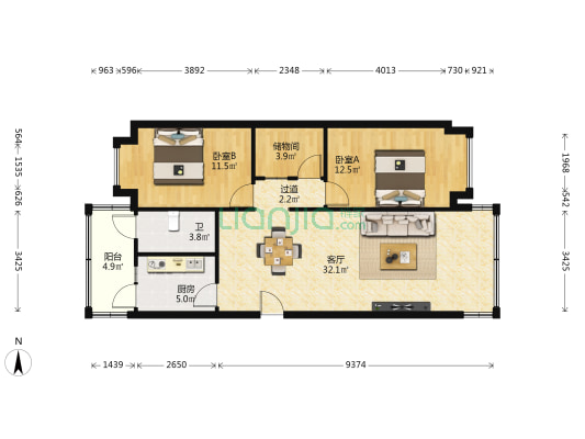 愉景雅苑 2室1厅1卫 104平方