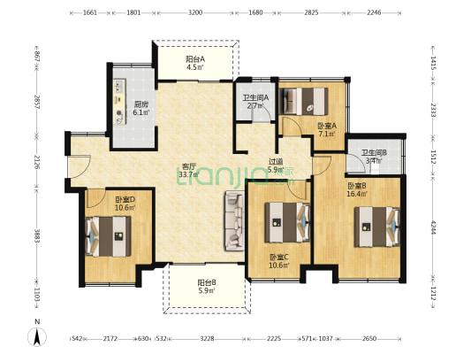 奥园园著 4室1厅2卫 126平方
